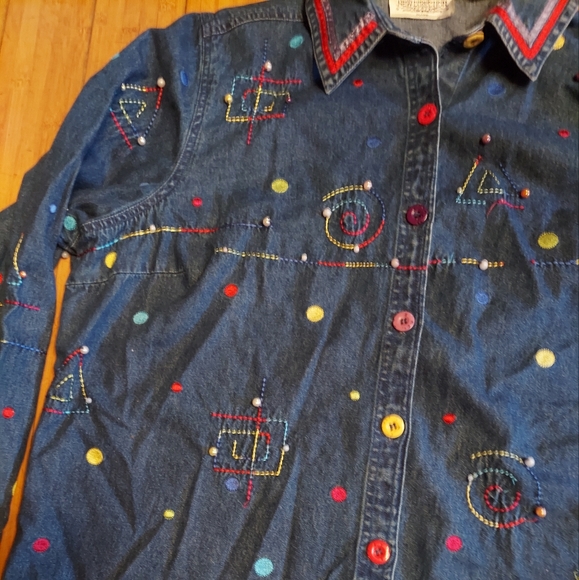 Colorful embroidered denim jean jacket New Direction boho fashion 2xl - Picture 3 of 6